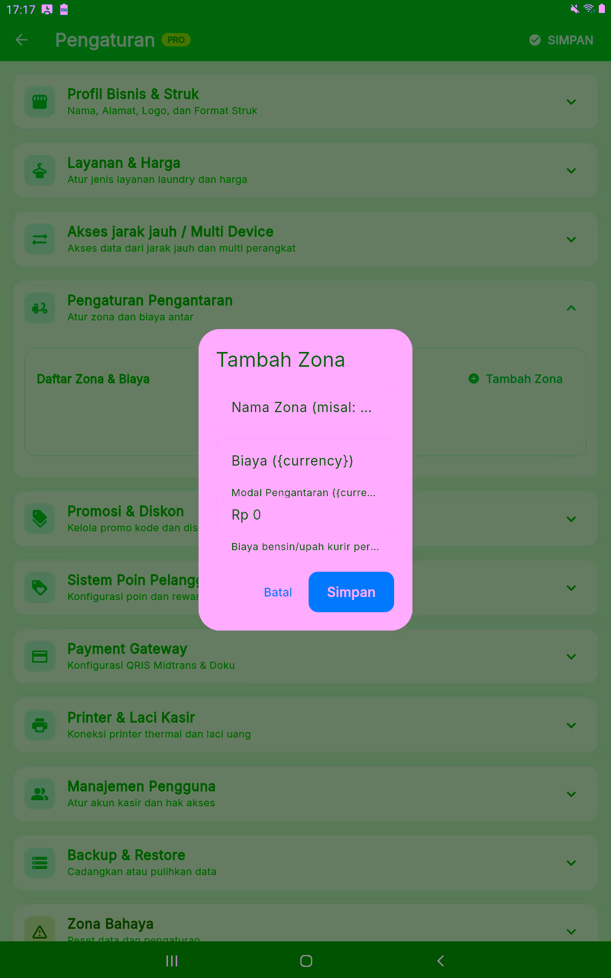 Form tambah zona pengantaran dan ongkir