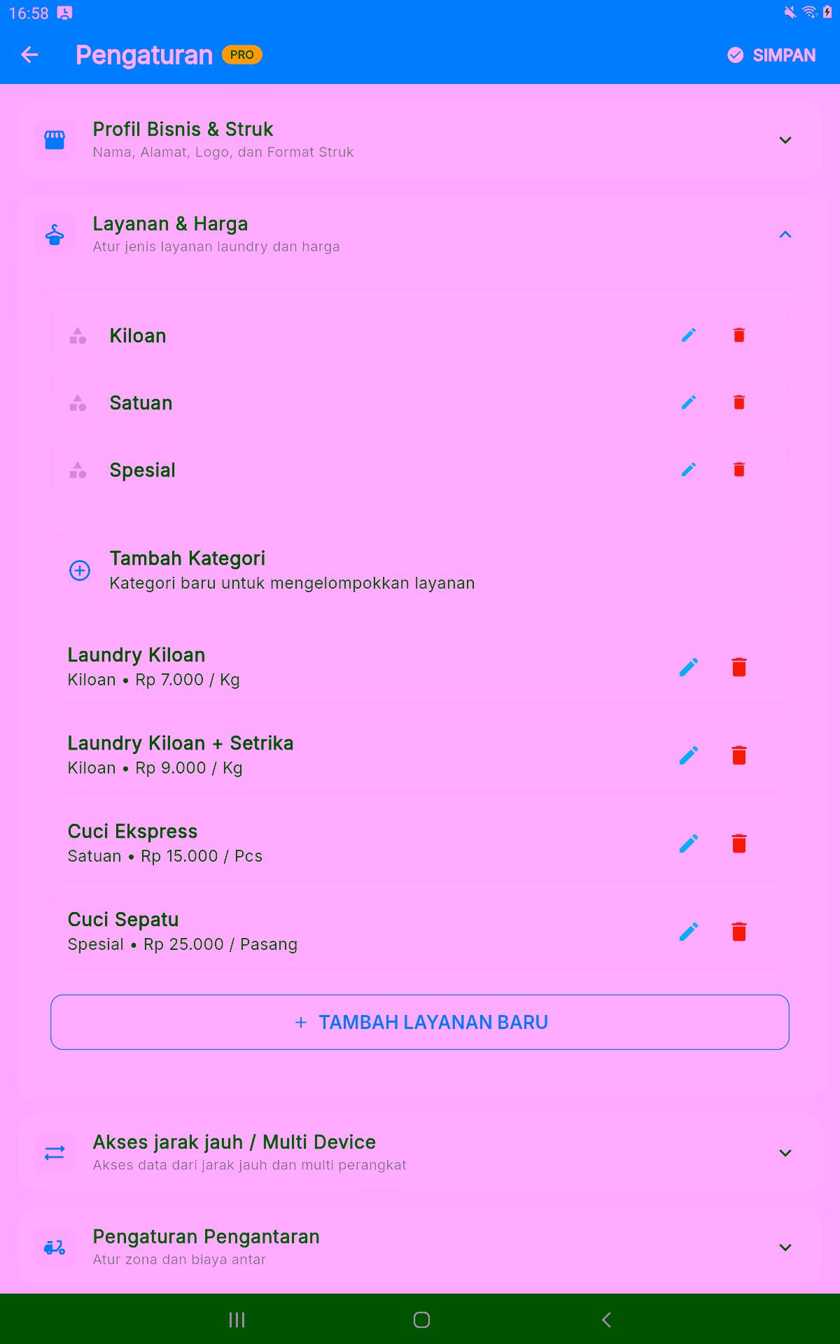 Layanan dan Harga pada Pengaturan