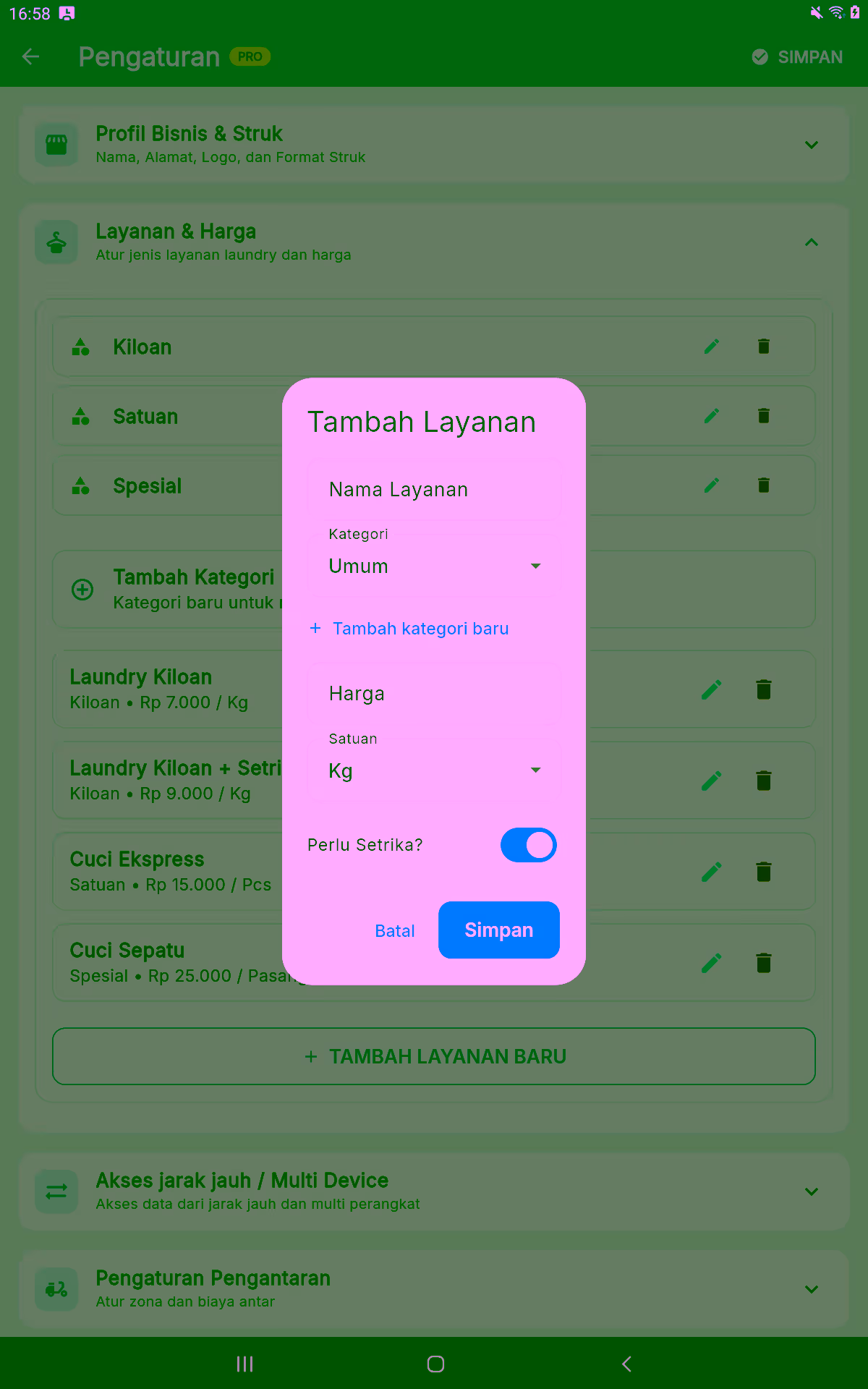 Form tambah layanan baru