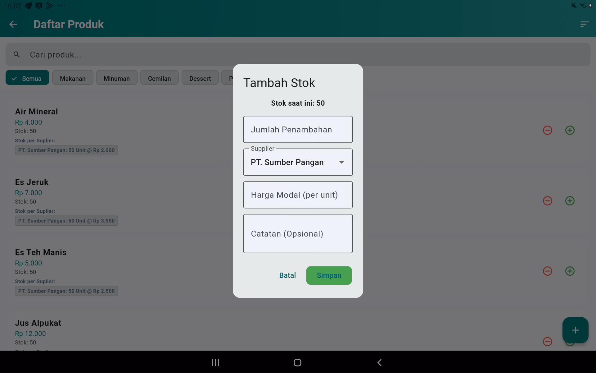 Dialog tambah stok