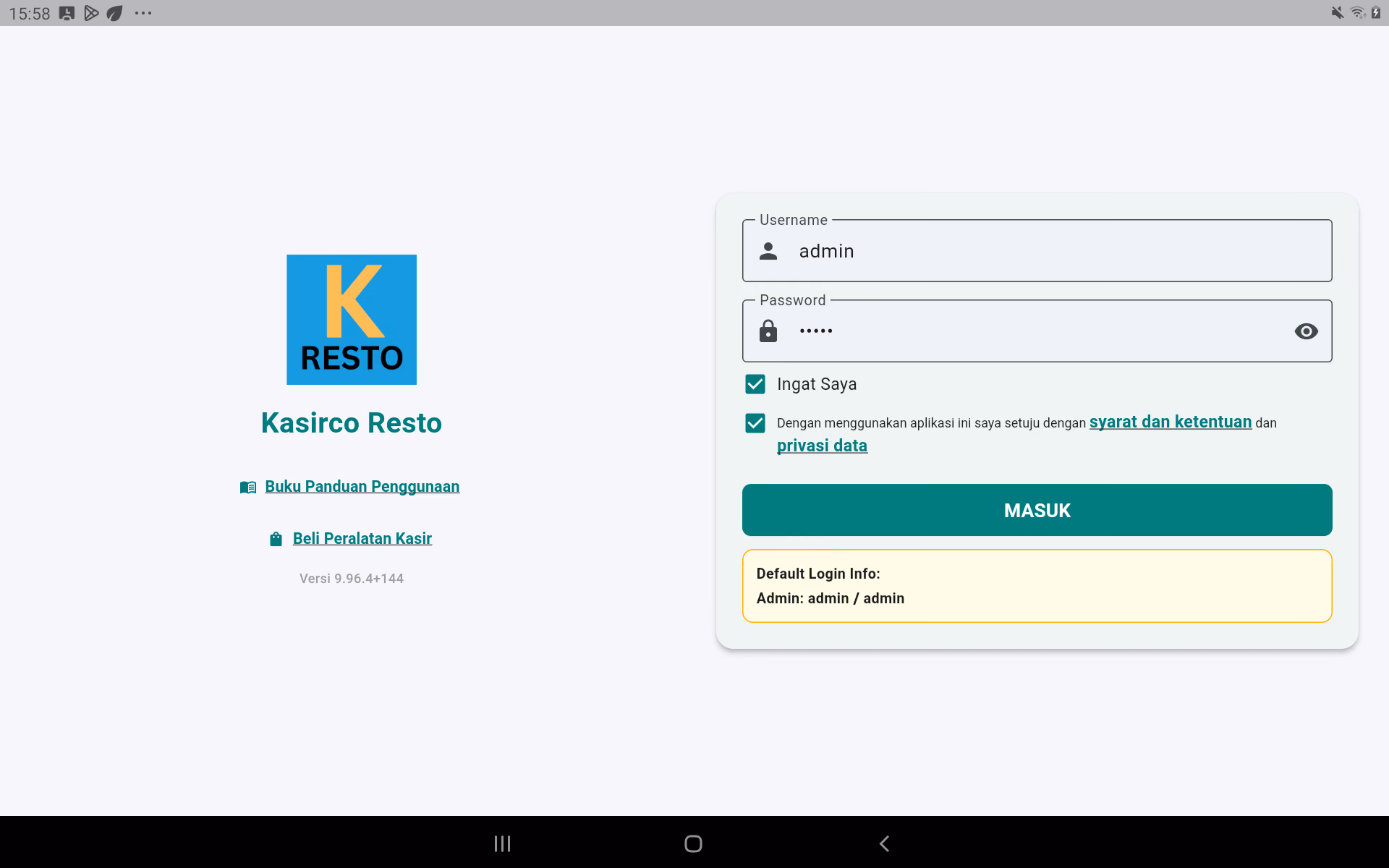 Halaman login Kasirco Resto