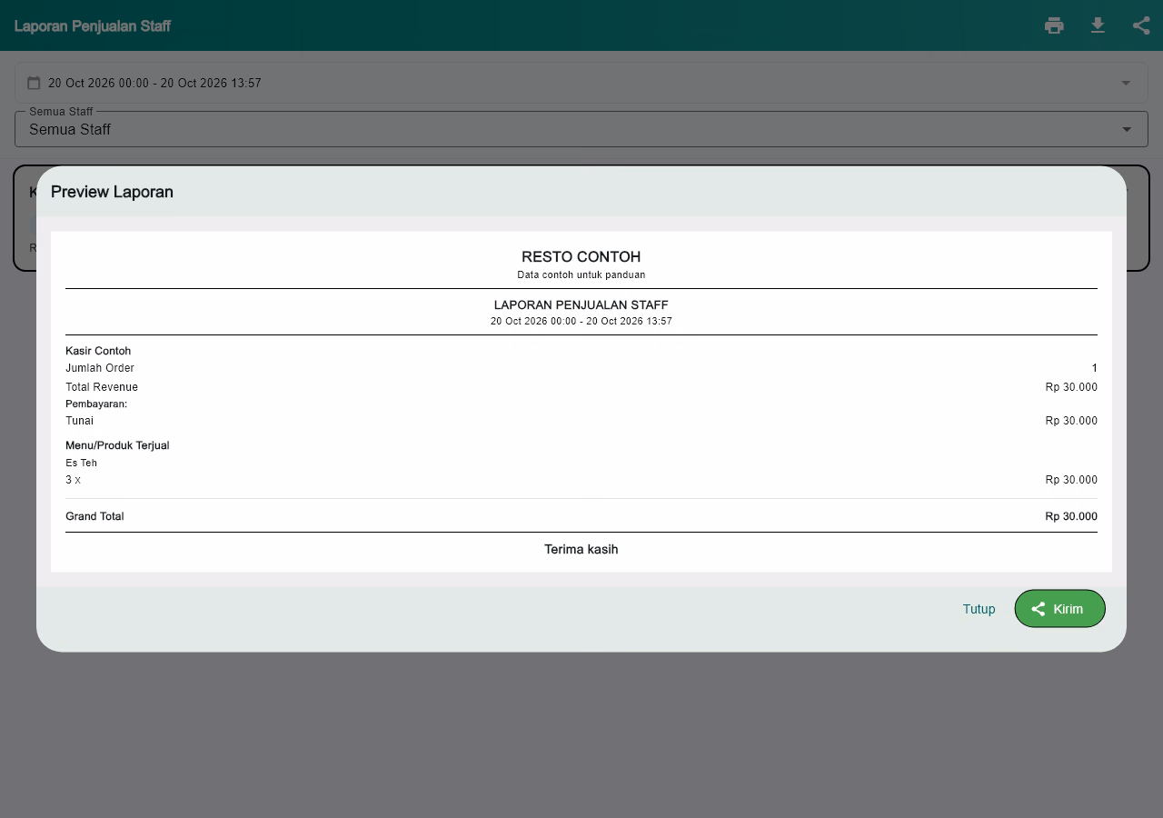 Preview gambar laporan staf dengan nama Es Teh, jumlah tiga dan penjualan tiga puluh ribu rupiah